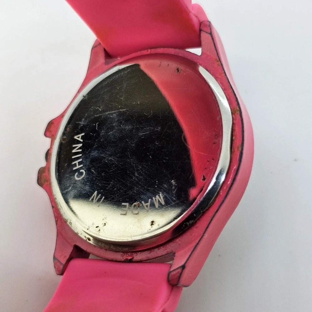 40MM Women's Watch Pink Dial Crystal Bezel Pink Plastic Band Straps‎ New Battery